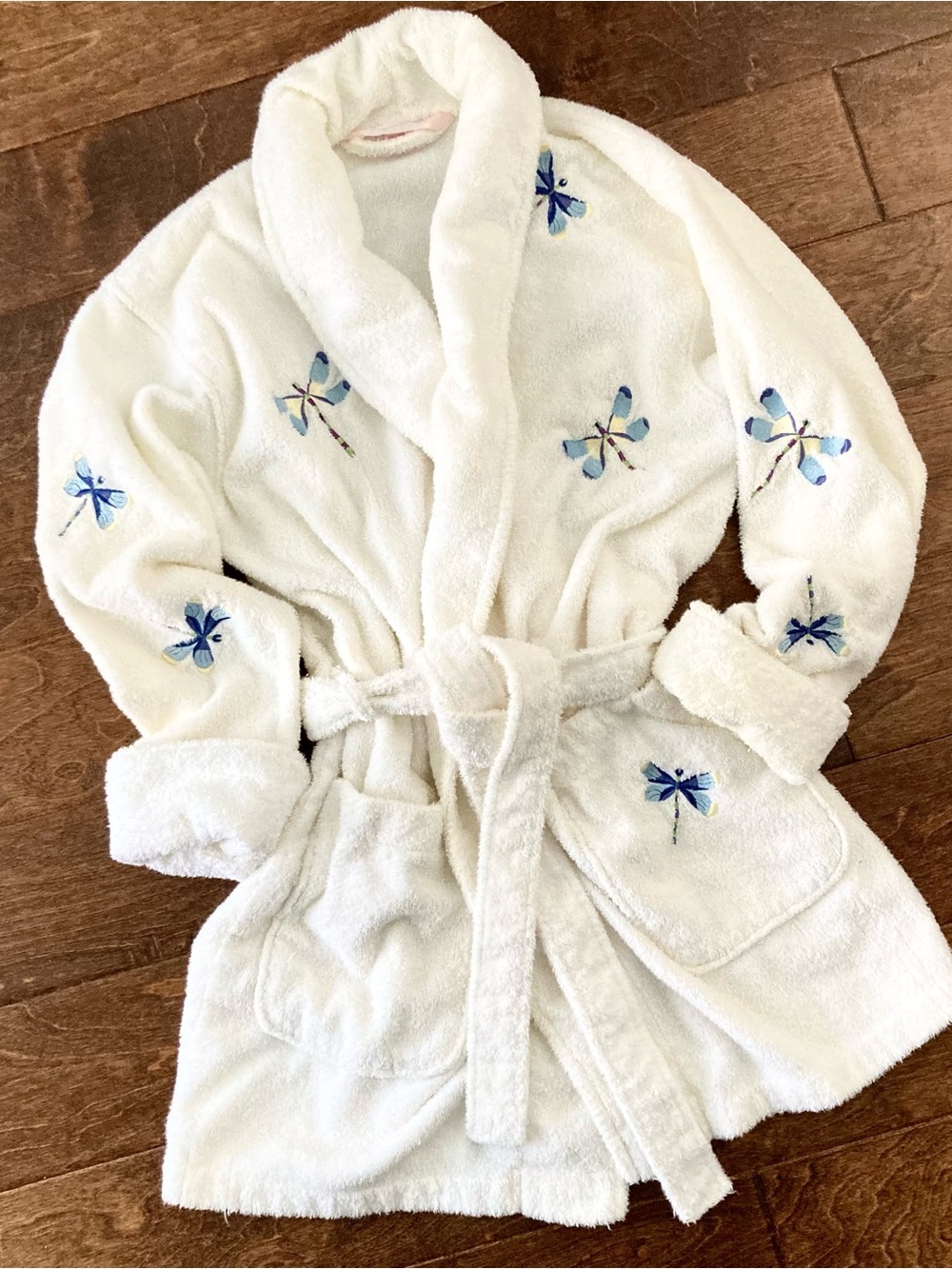 Rare Victoria's Secret White Plush Bathrobe with Blue Dragonfly Embroidery